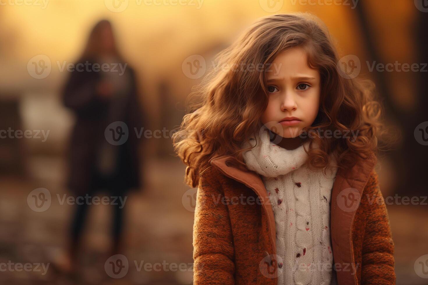 ai generado un triste y llorando pequeño niña en el borroso antecedentes. foto