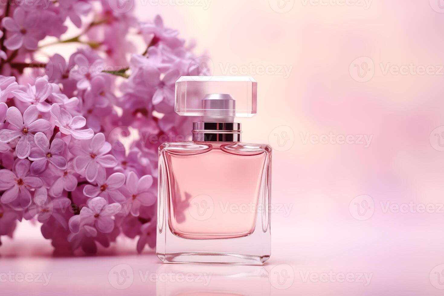 AI generated Glass elegant perfume bottle mockup on pink background with mauve lilac flowers. Glamour advertisement banner, copy space. photo