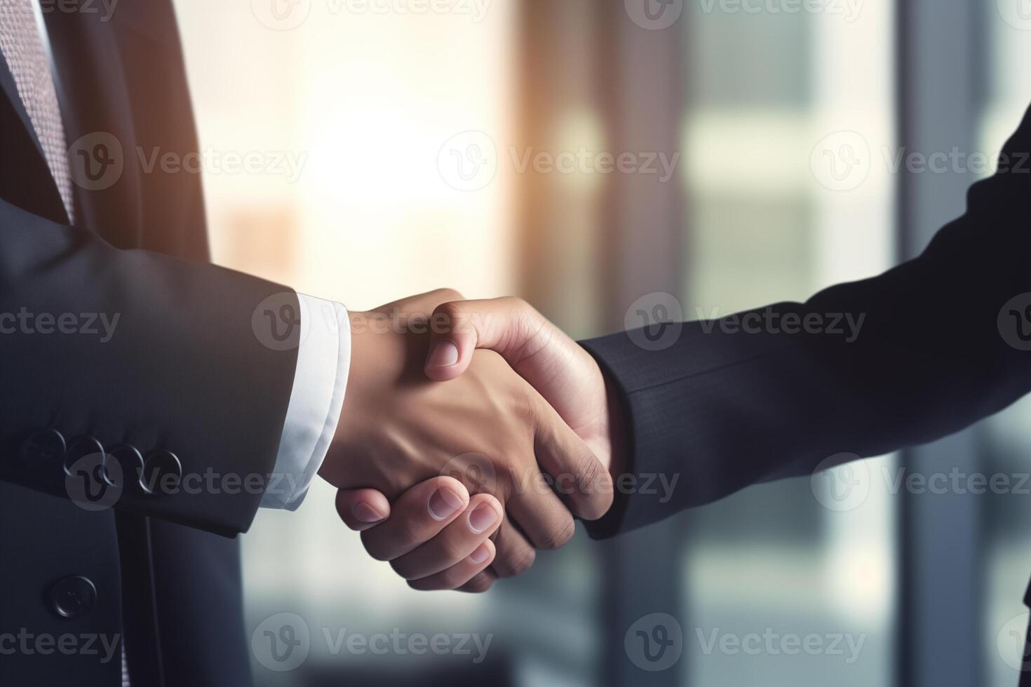 AI generated Two confident business people shake hands during a meeting in the office. Greeting and partnership concept photo