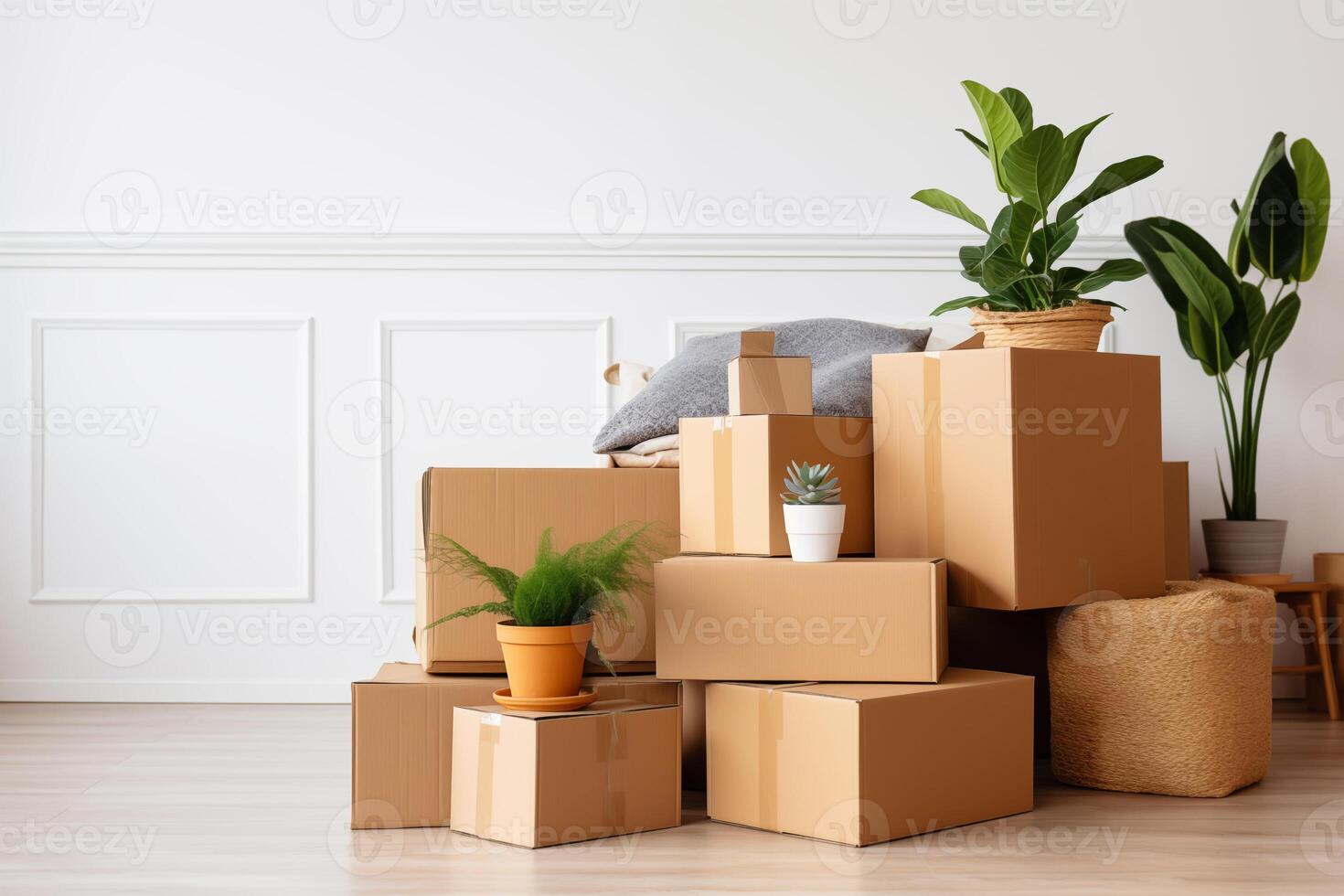 AI generated Stack of cardboard boxes with household belongings on wooden floor in living room of old classical style house. Moving to new home photo