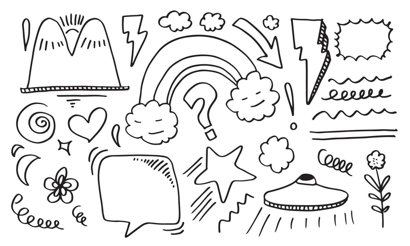 Hand drawn doodle design elements.thunderbolt, cloud, Arrow, heart, line, hill. doodle sketch design elements. vector