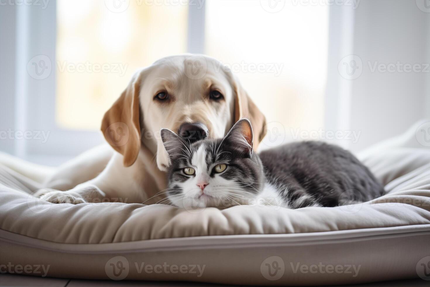 AI generated A cat and a dog are resting on a soft pet bed. Friendship between cat and dog, space for text. photo