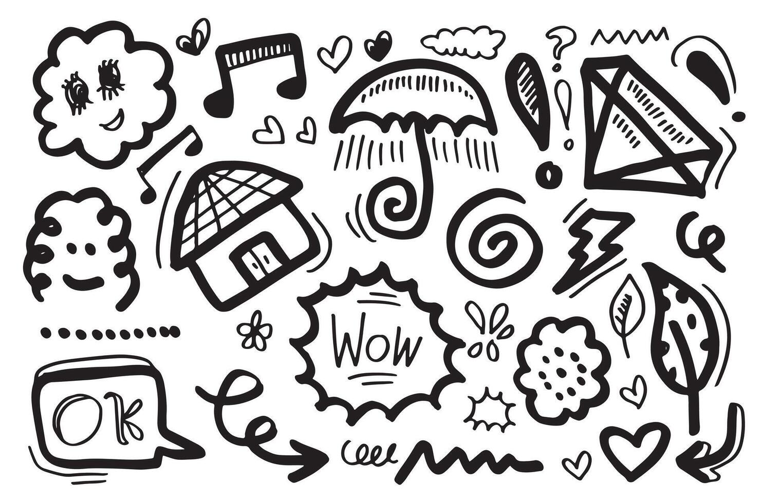 Hand drawn flower, heart, cloud, sunburst, diamond, umbrella, thunderbolt for concept design. vector