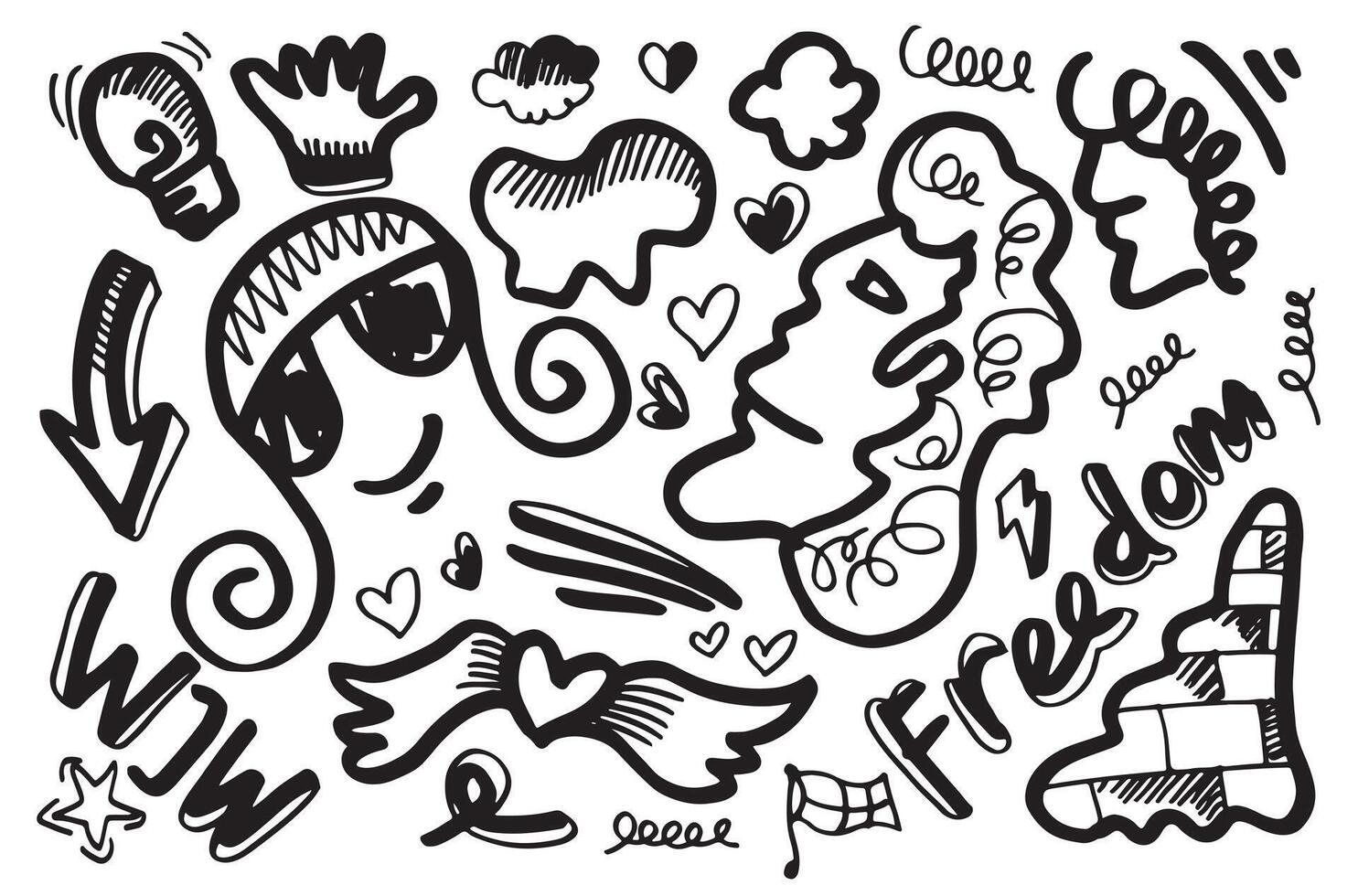 Hand drawn various black and white shapes and doodle objects. Abstract vector illustration.