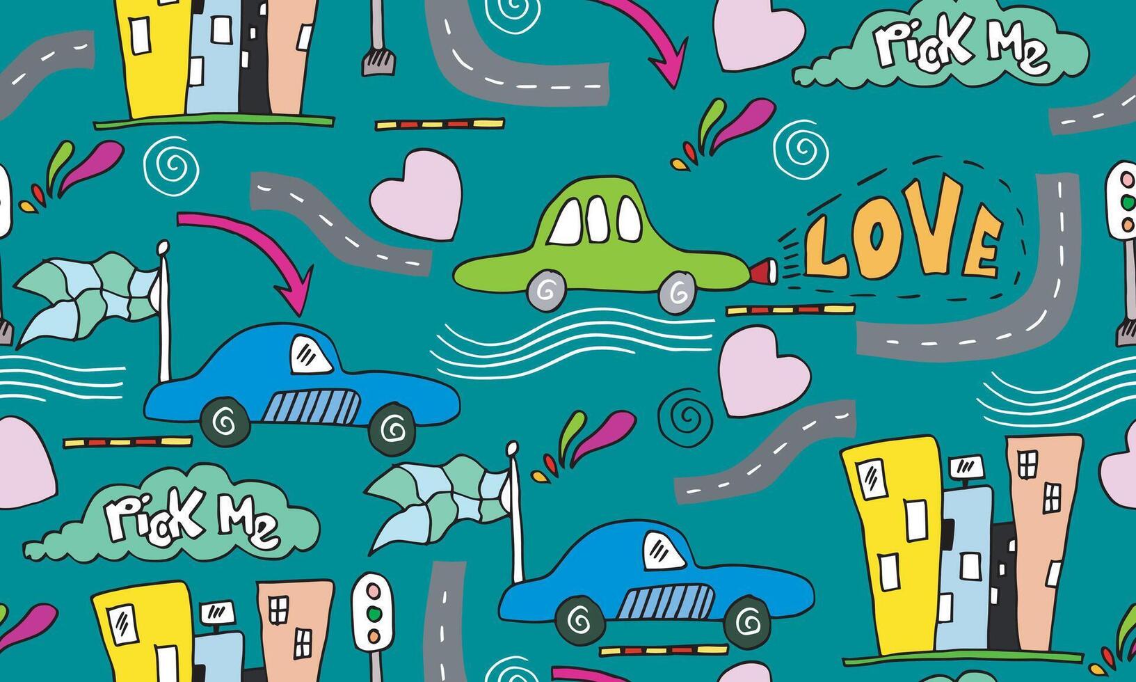 Cartoon Transportation Background for Kids with doodle Toy Cars and cloud with pick me text and love for wallpaper,wrapping,textile and printing.vector illustration. vector