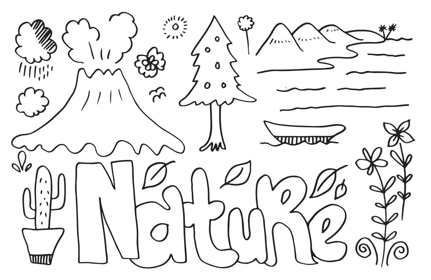 nature typography with hand drawn hills, birds, leaves, clouds, water and other elements. Web banner for other elements of nature. Vector illustration
