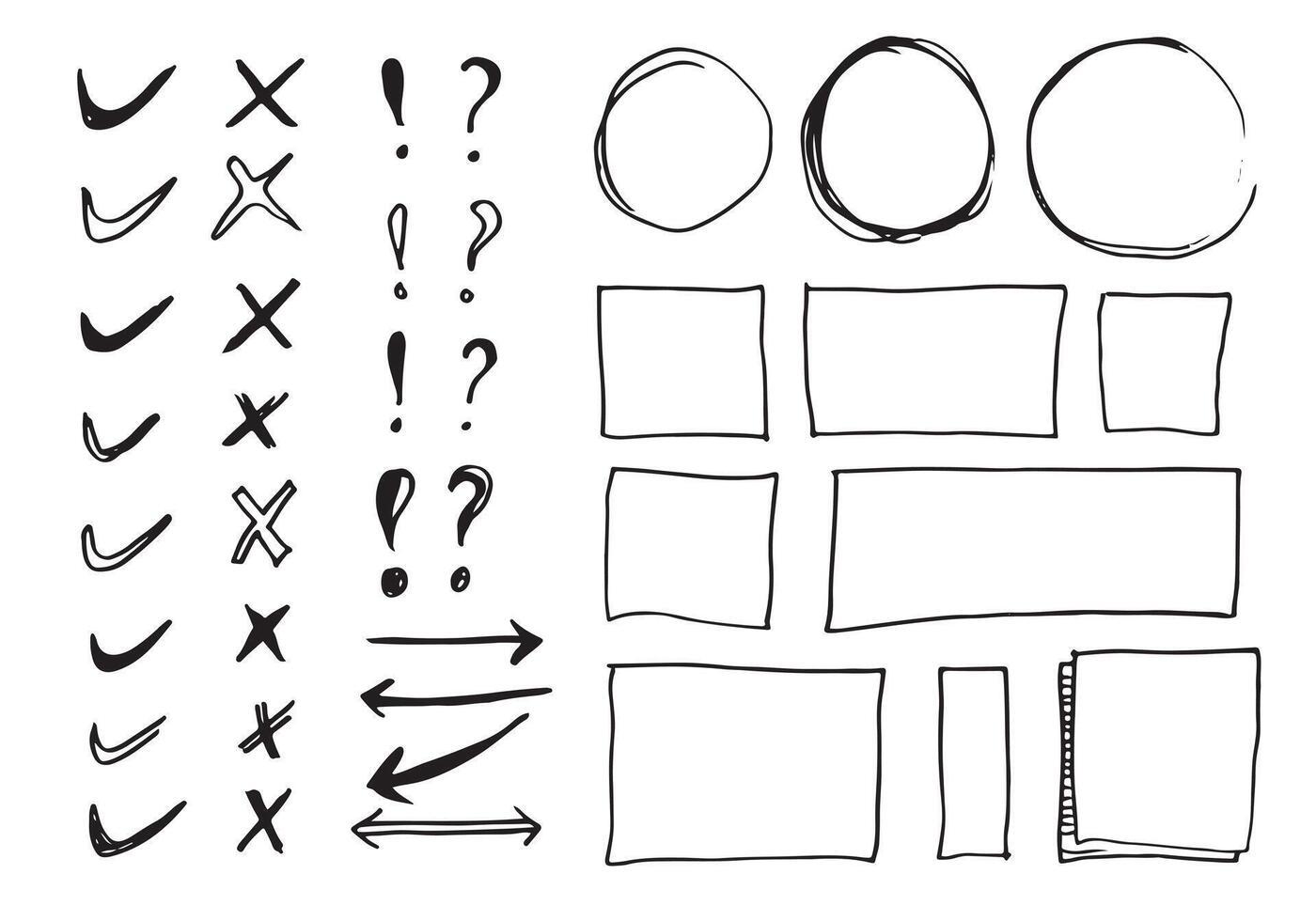 Doodle vector lines and curves.Hand drawn check and arrows signs. Set of simple doodle lines, curves, frames and spots. Collection of pencil effects. Doodle border. Simple doodle set.