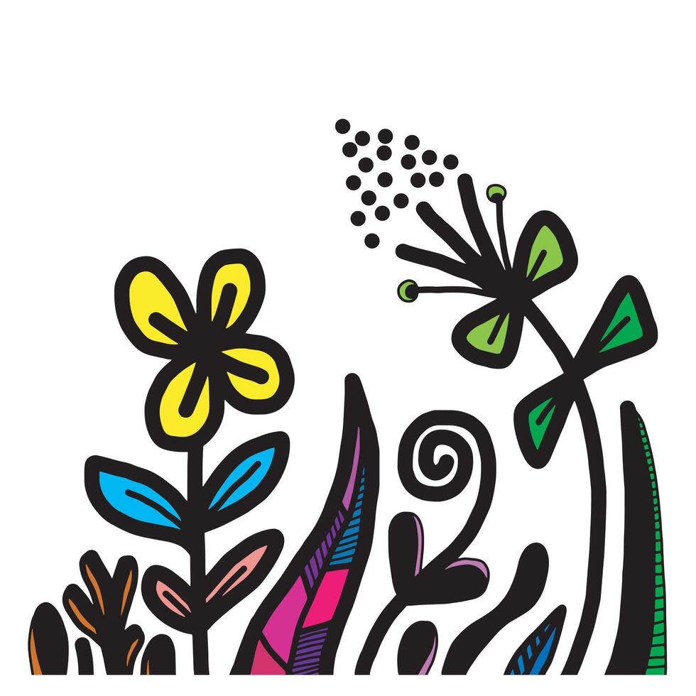 Black silhouettes of grass, flowers and herbs isolated on white background. Hand drawn sketch flowers. vector