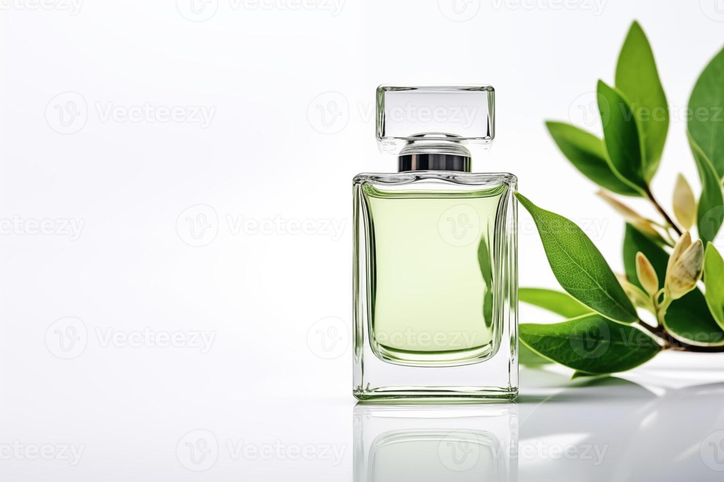AI generated Perfume glass  bottle with green essence isolated on white background with fresh green tea leaves. Stylish cosmetic mockup or advertising banner, copy space. photo