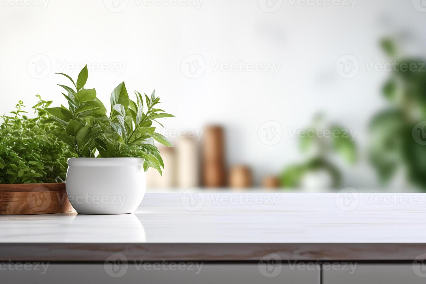 AI generated Home garden plants spread out on counter at home and space for text photo