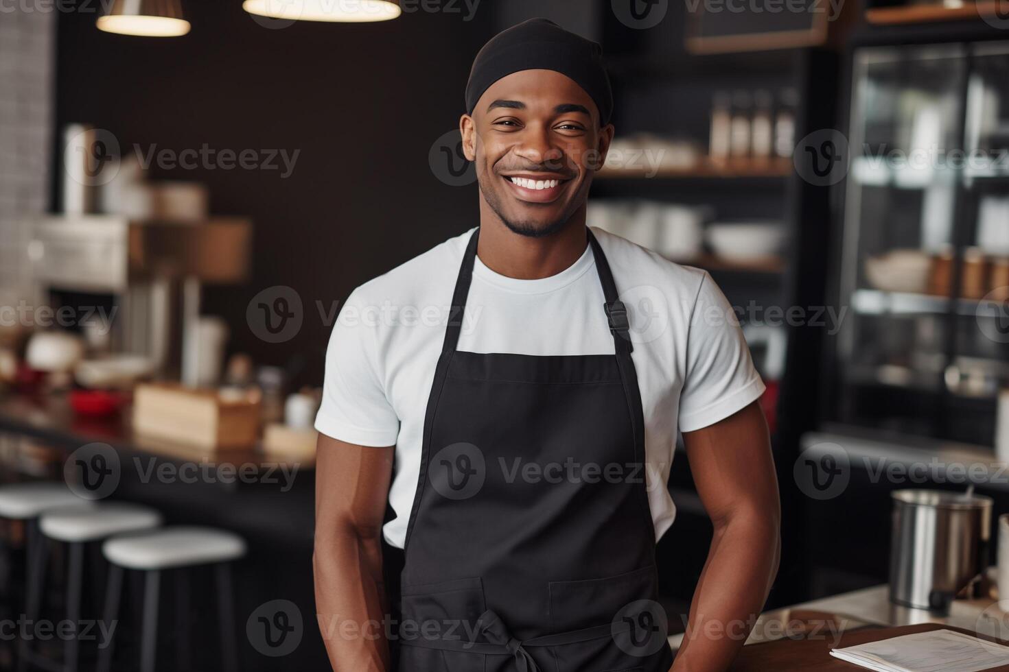 AI generated Portrait of african-american chef in the kitchen in a restaurant. photo