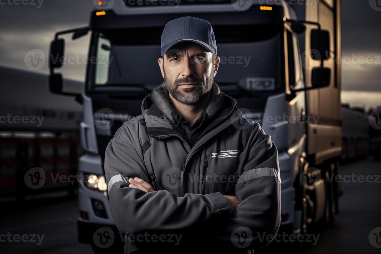 AI generated Portrait of driver man truck car ready travel. Logistic center cargo trucks transportation shipping lorry delivery freight road. photo