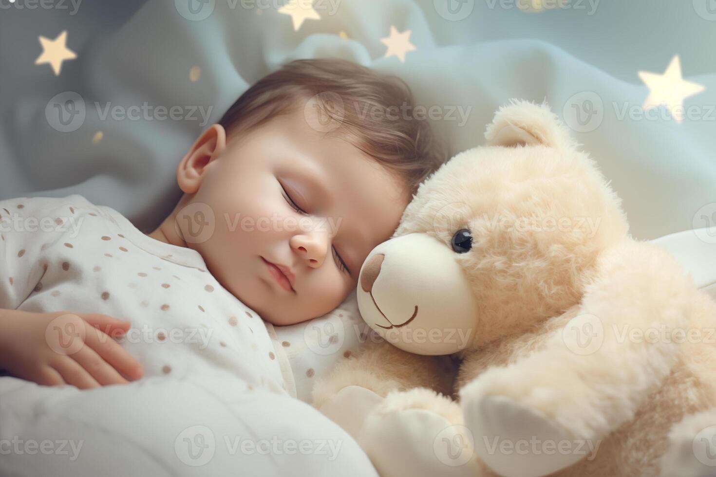 AI generated Close up portrait of beautiful cute baby sleeping in pajama in bed with her teddy bear, lying on pillow with closed eyes. photo