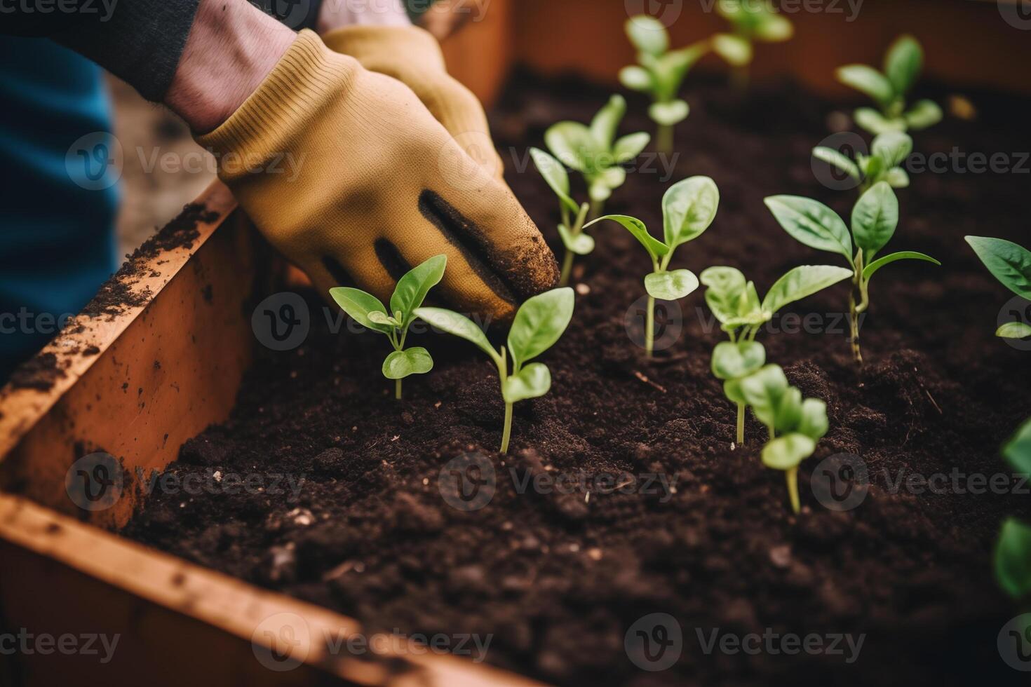 AI generated Hands with gloves planting fresh plants. Community garden, rooftop urban garden. Spring planting. Early seedling, grown from seeds in pots photo