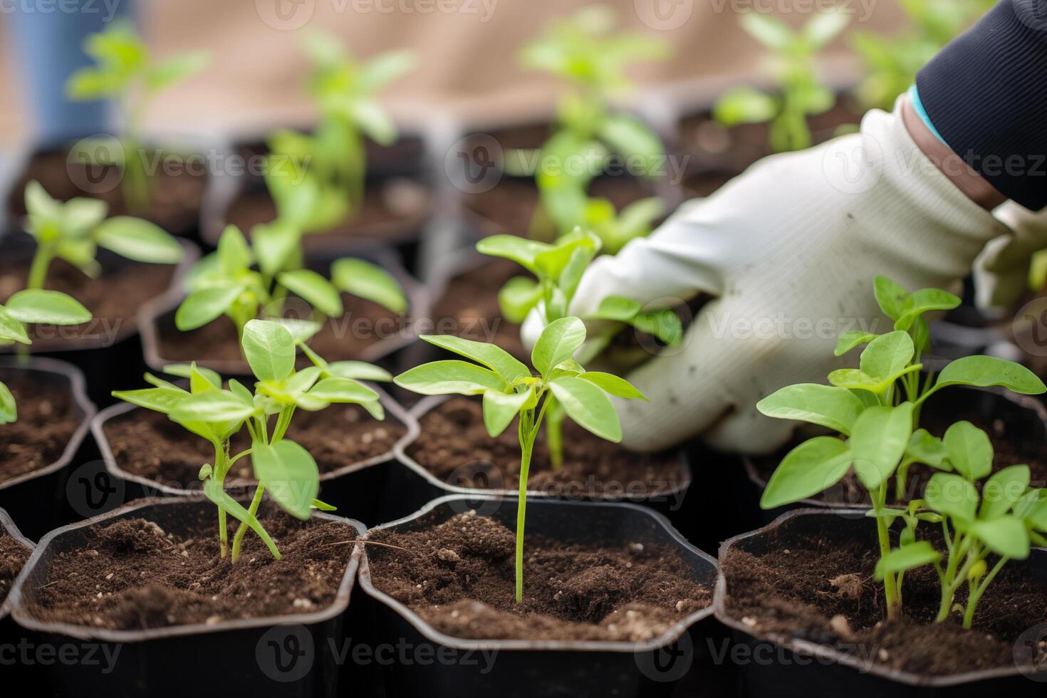 AI generated Hands with gloves planting fresh plants. Community garden, rooftop urban garden. Spring planting. Early seedling, grown from seeds in pots photo