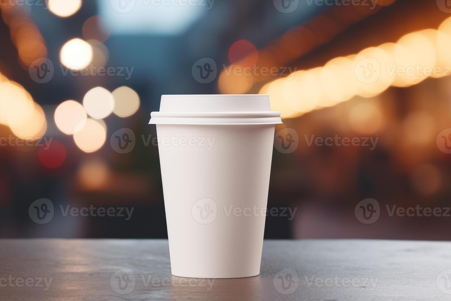 AI generated Close up paper cup of coffee on bar counter against coffee shop bokeh background. Mockup for cafe design. photo