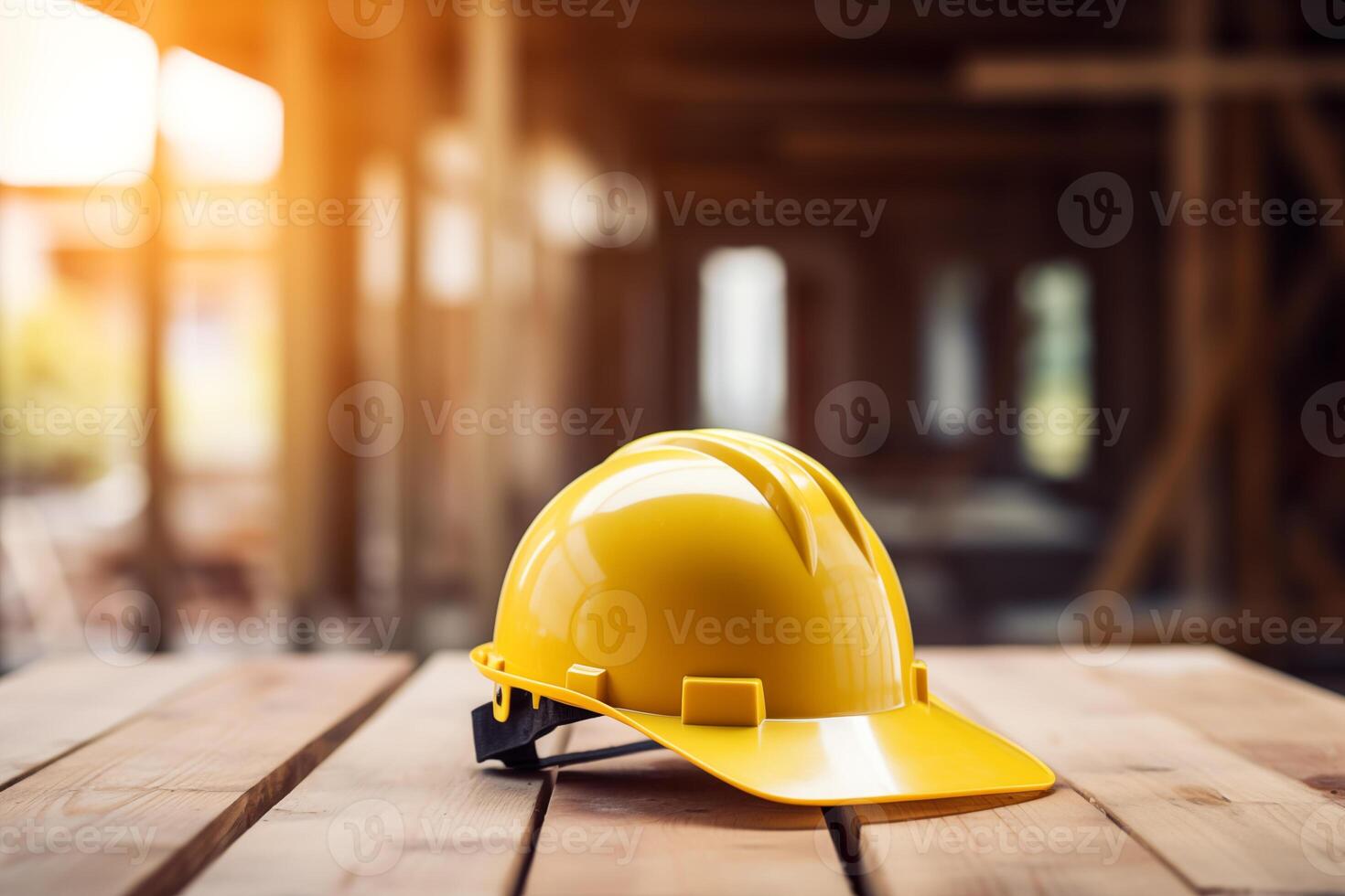AI generated Yellow safety construction helmet on a wooden table against the backdrop of a house being built. photo
