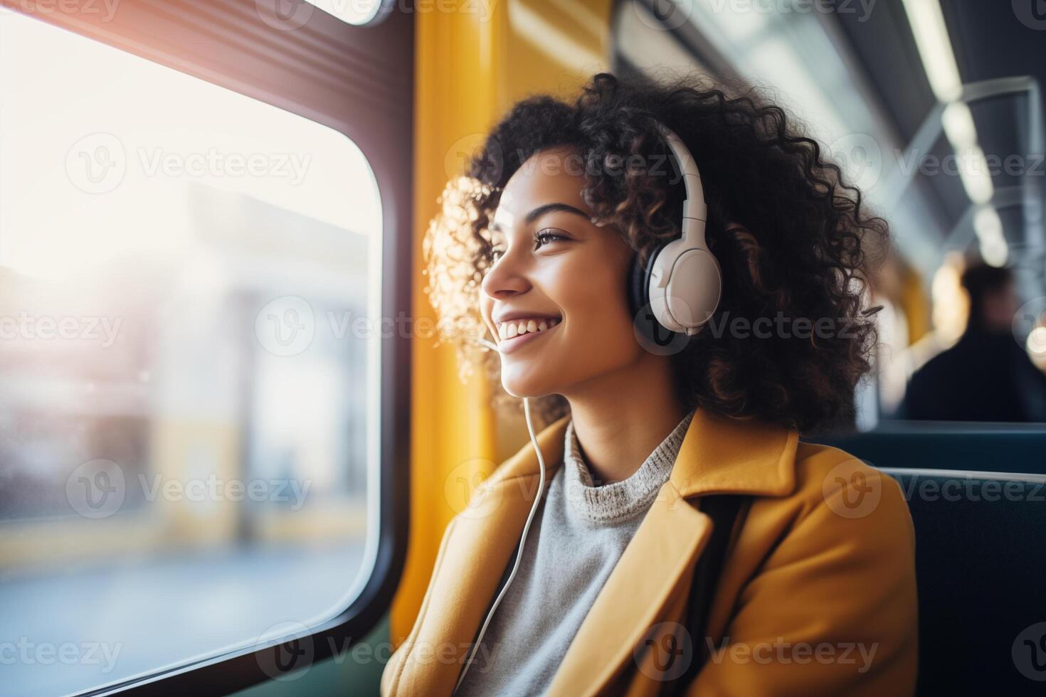 AI generated Happy young African American woman passenger listening music via smart mobile phone in a train photo