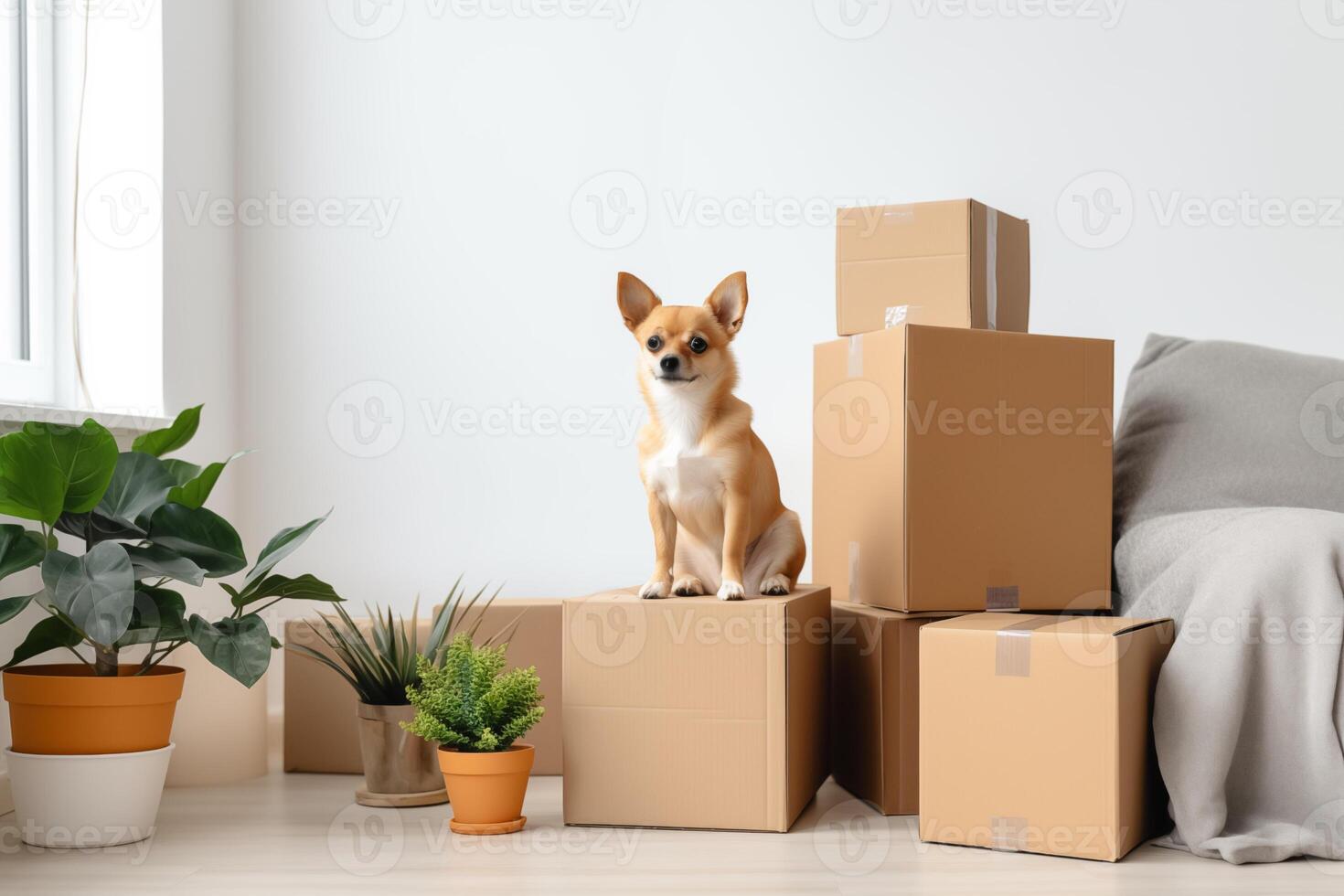 AI generated Cute dog sitting near stack of cardboard boxes with household belongings and potted home plants in empty living room. photo