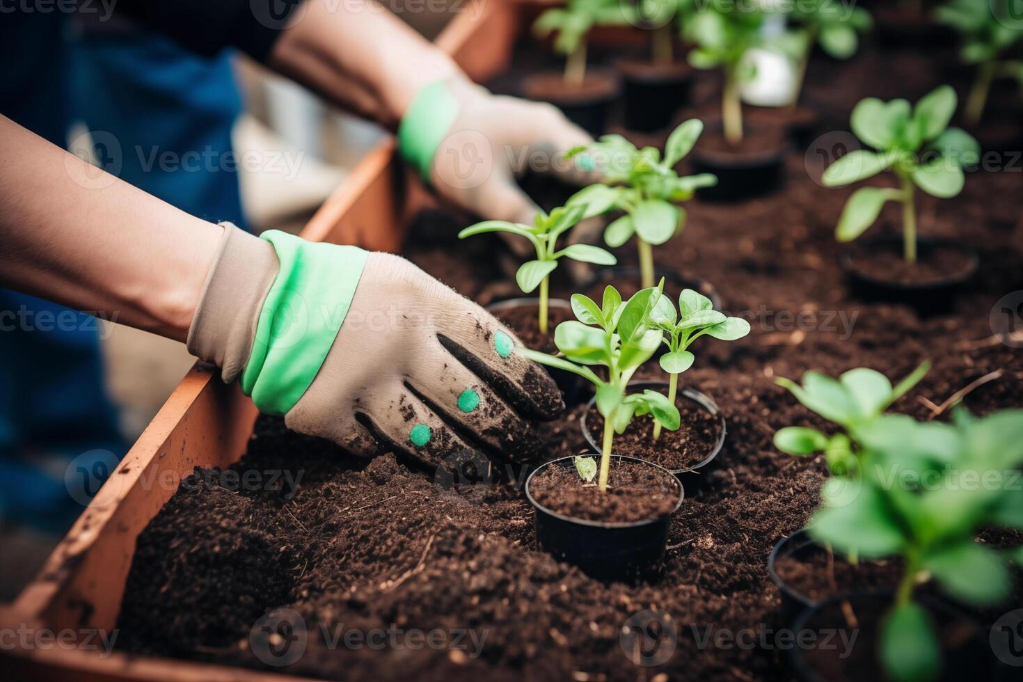 AI generated Hands with gloves planting fresh plants. Community garden, rooftop urban garden. Spring planting. Early seedling, grown from seeds in pots photo