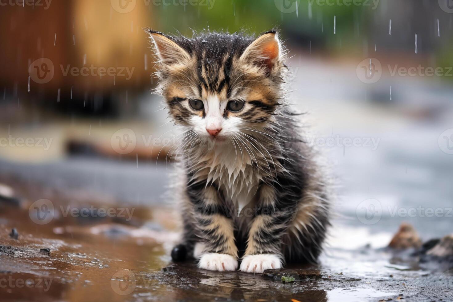 AI generated Sad abandoned wet hungry kitten sitting in the street under rain. Dirty little stray kitty cat outdoors. photo