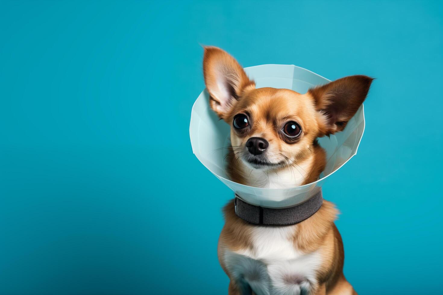 AI generated Dog wearing a cone after surgery, treatment on blue background, space for text. photo