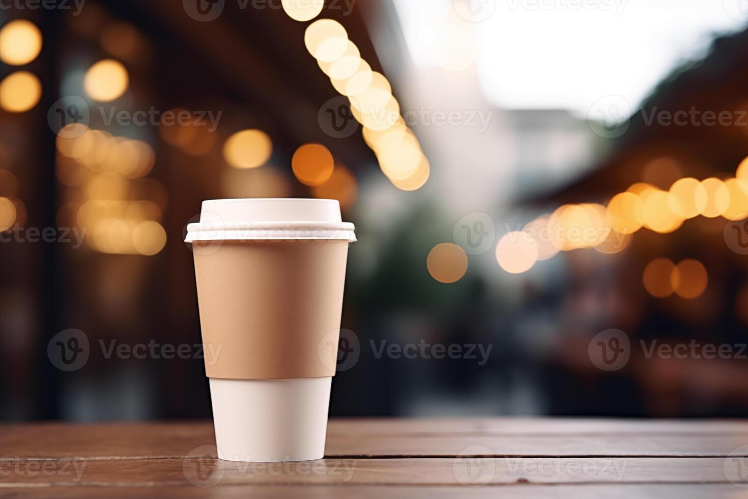 AI generated Close up paper cup of coffee on bar counter against coffee shop bokeh background. Mockup for cafe design. photo