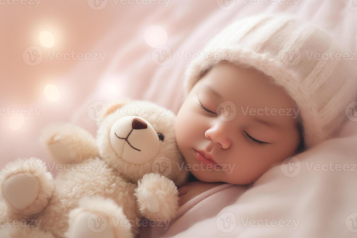 AI generated Close up portrait of beautiful cute baby sleeping in pajama in bed with her teddy bear, lying on pillow with closed eyes. photo