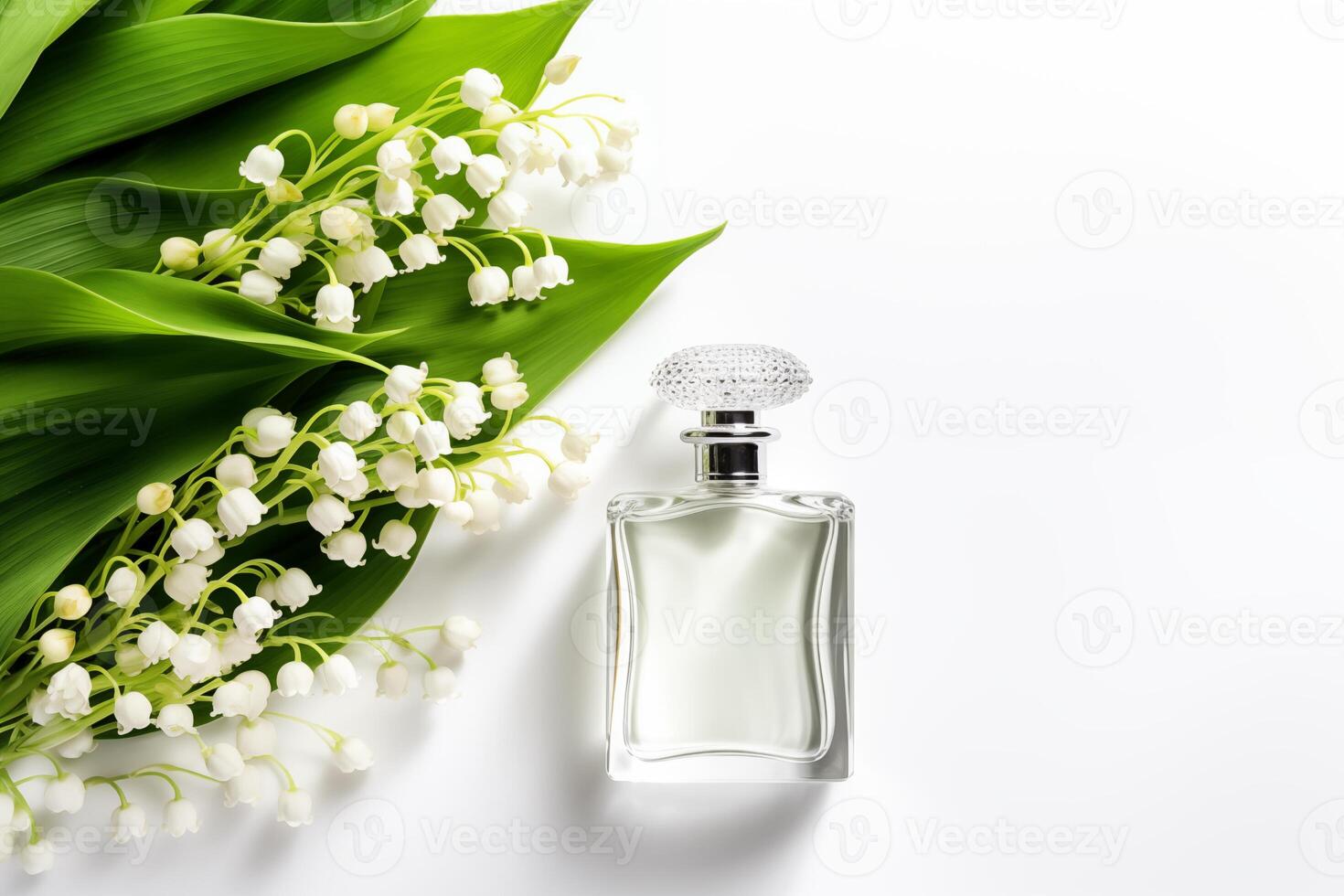 AI generated Perfume glass bottle among flowers of lily of the valley and green leaves on white background. Perfume ingridient concept. photo