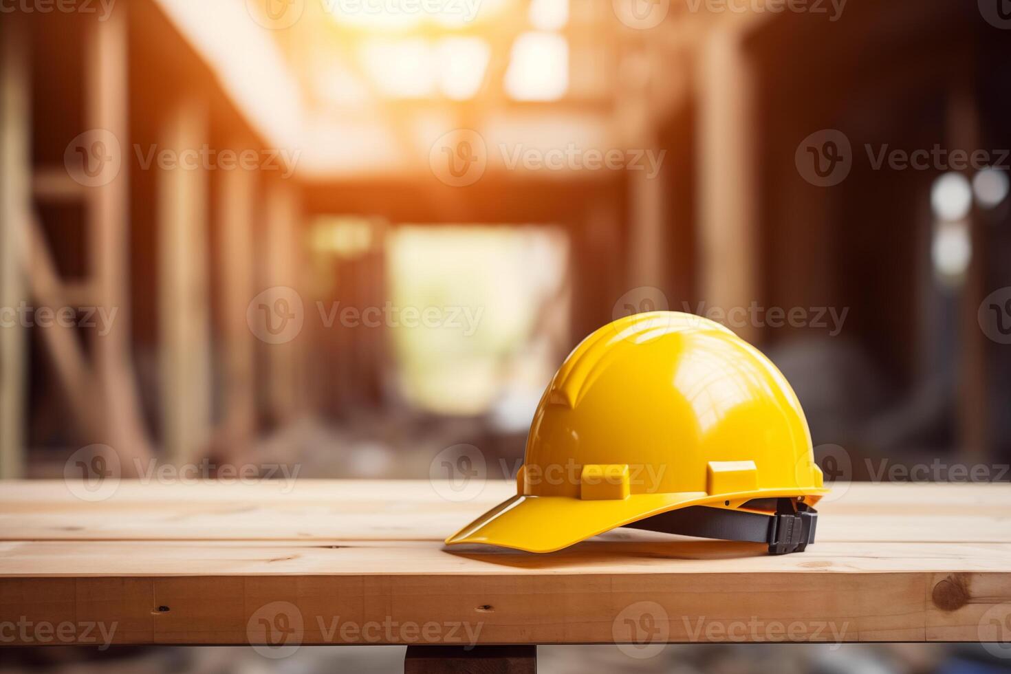 AI generated Yellow safety construction helmet on a wooden table against the backdrop of a house being built. photo