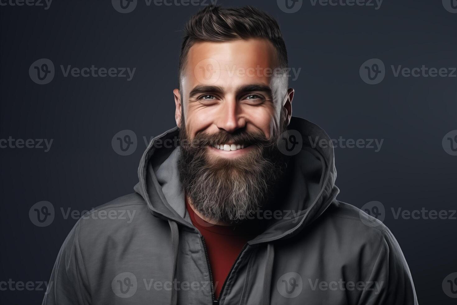 AI generated Studio shot of smiling bearded man, handsome brutal man. Space for text and black background. photo