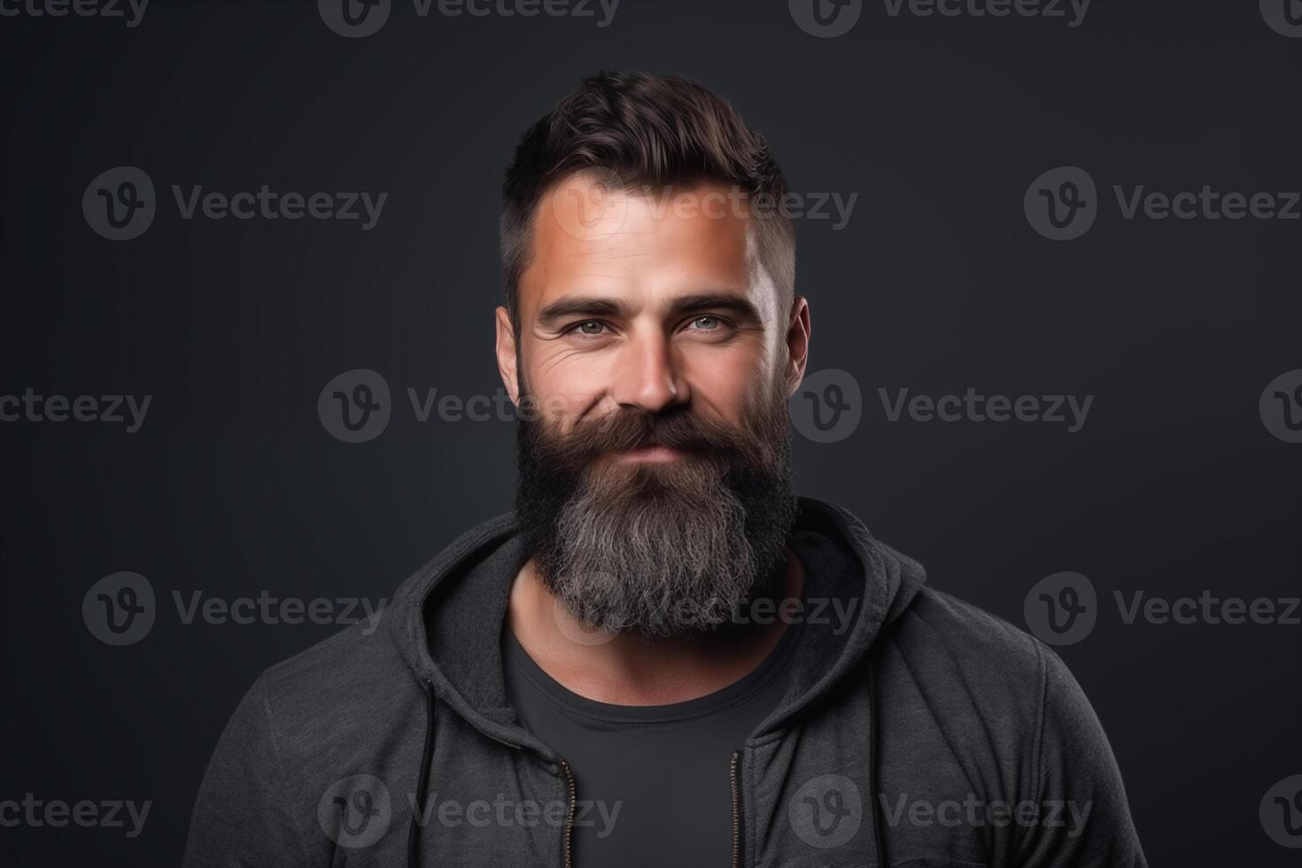 ai generado estudio Disparo de sonriente barbado hombre, hermoso brutal hombre. espacio para texto y negro antecedentes. foto