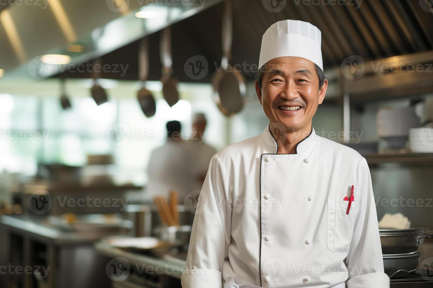 AI generated Portrait of Asian chef in a black jacket in the kitchen in a restaurant photo
