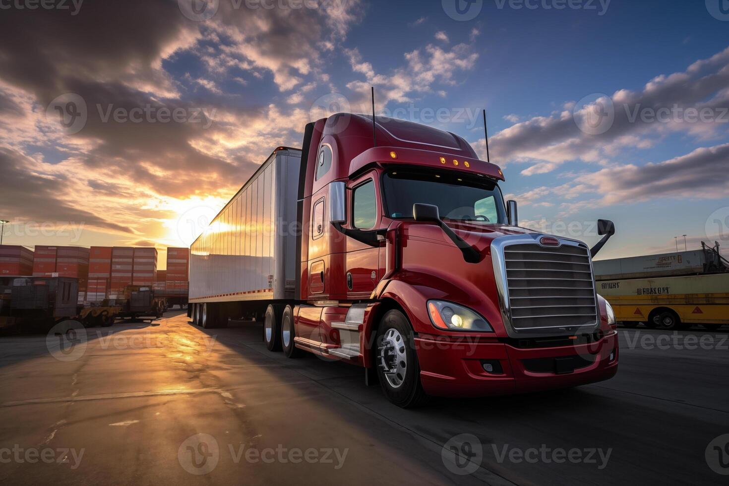 AI generated American style truck on the freeway, highway pulling cargo, movement. Transport concept photo