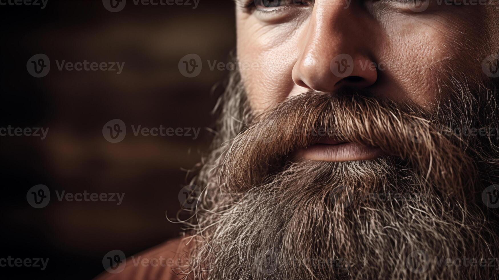 AI generated Long beard and mustache closeup on a light background with space for text. Generative AI Portrait of beautiful man with mustache and beard. photo