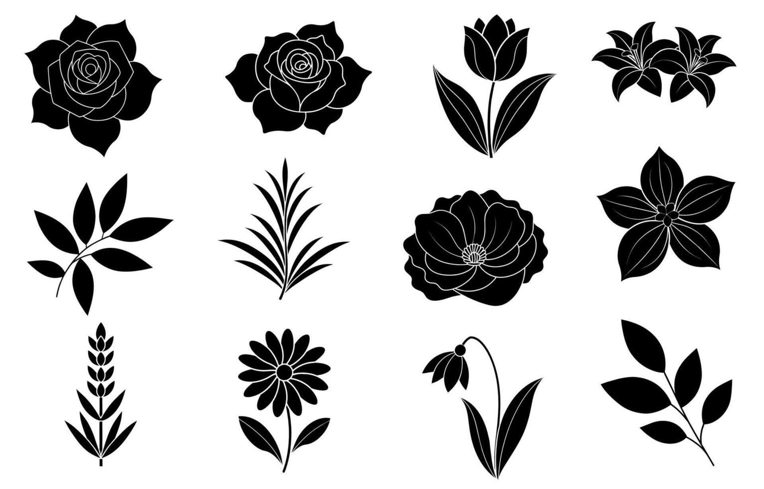 Collection of silhouette flower and leaf elements vector