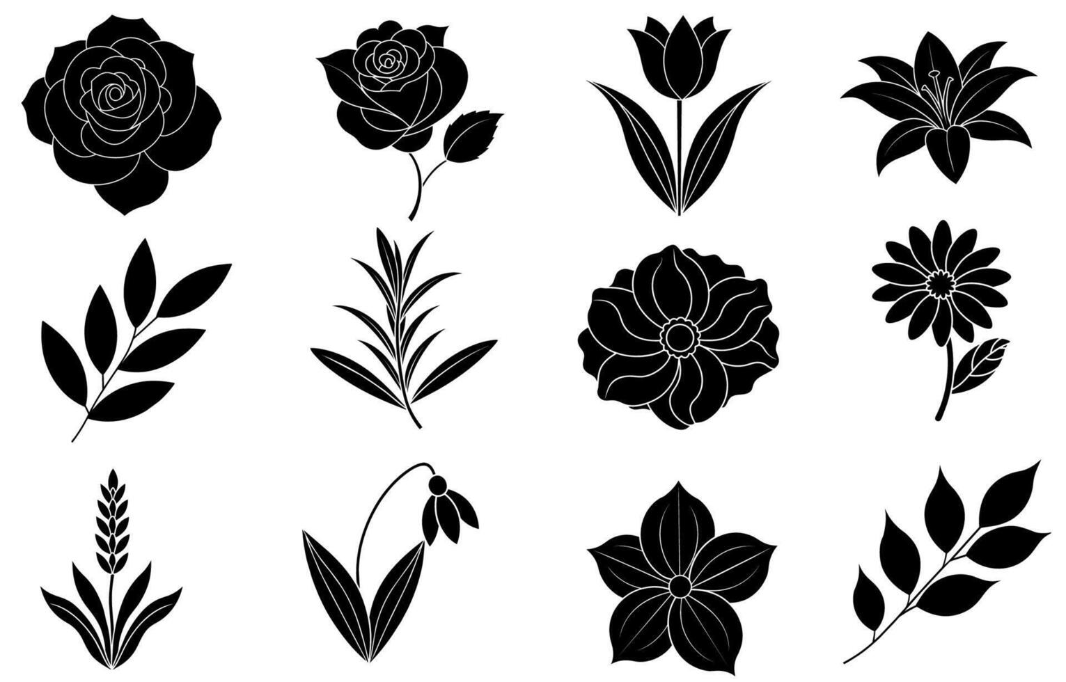 Collection of silhouette flower and leaf elements vector