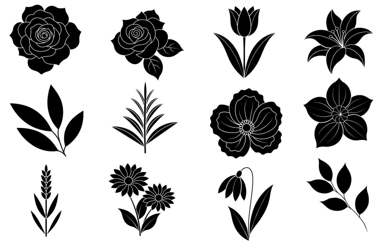 Collection of silhouette flower and leaf elements vector