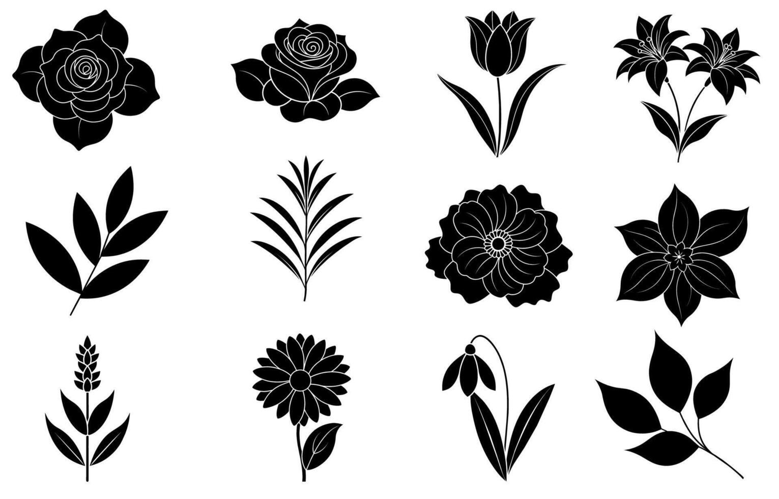 colección de silueta flor y hoja elementos vector