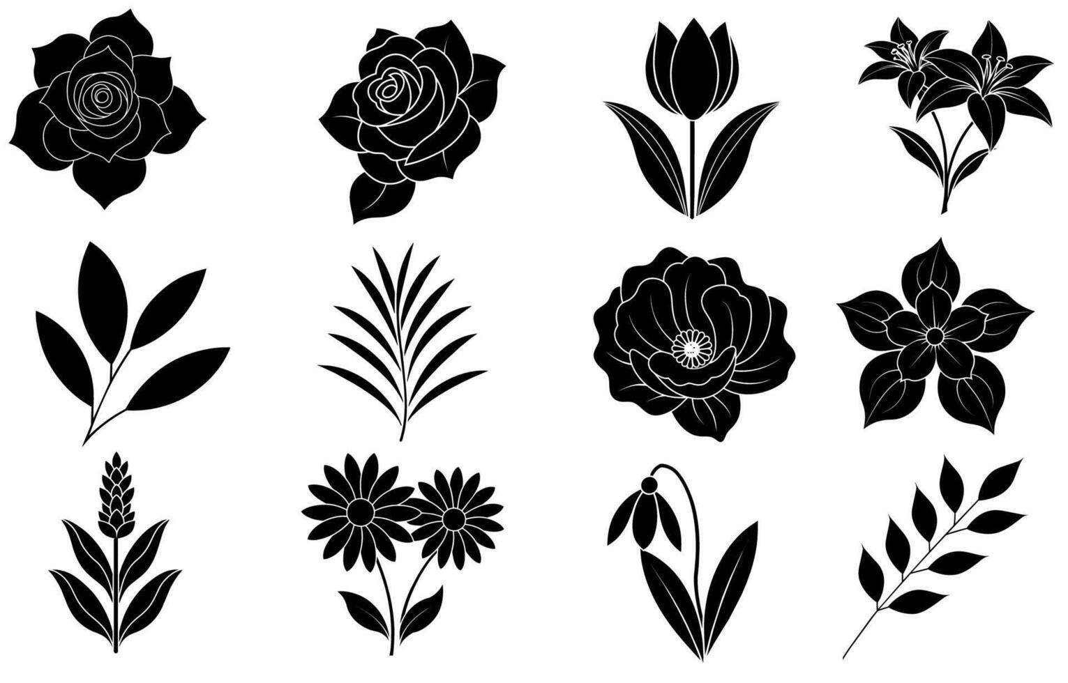 Collection of silhouette flower and leaf elements vector
