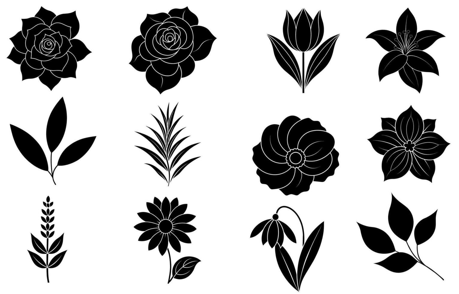 Collection of silhouette flower and leaf elements vector