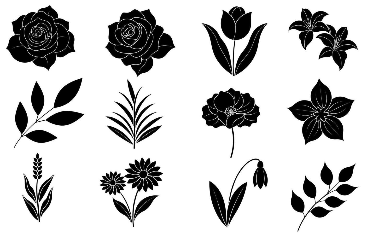 Collection of silhouette flower and leaf elements vector