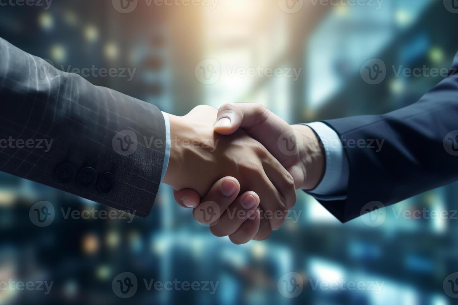 AI generated Two confident business people shake hands during a meeting in the office. Greeting and partnership concept photo