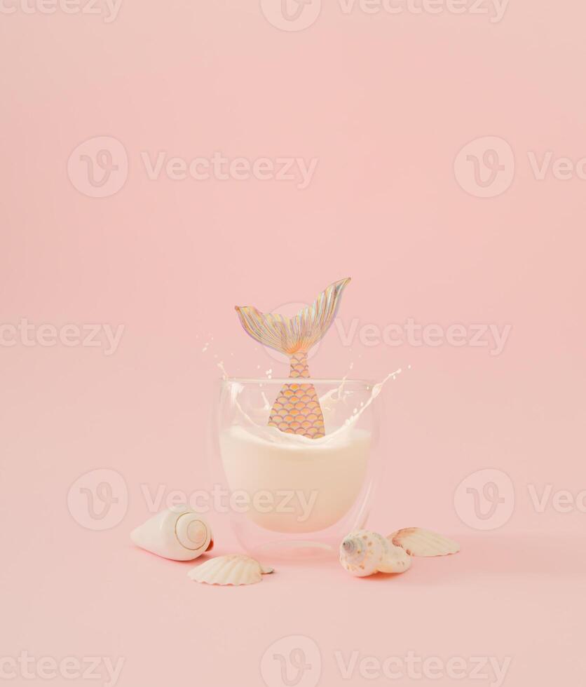 Creative layout made with mermaid diving into cup of coconut milk and sea shells on peachy pink background. Minimal summer concept. Fancy magical summer beach idea. Fantasy mermaid composition. photo