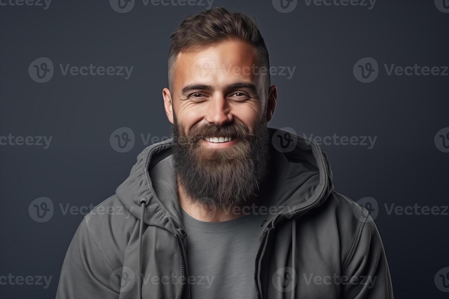 AI generated Studio shot of smiling bearded man, handsome brutal man. Space for text and black background. photo