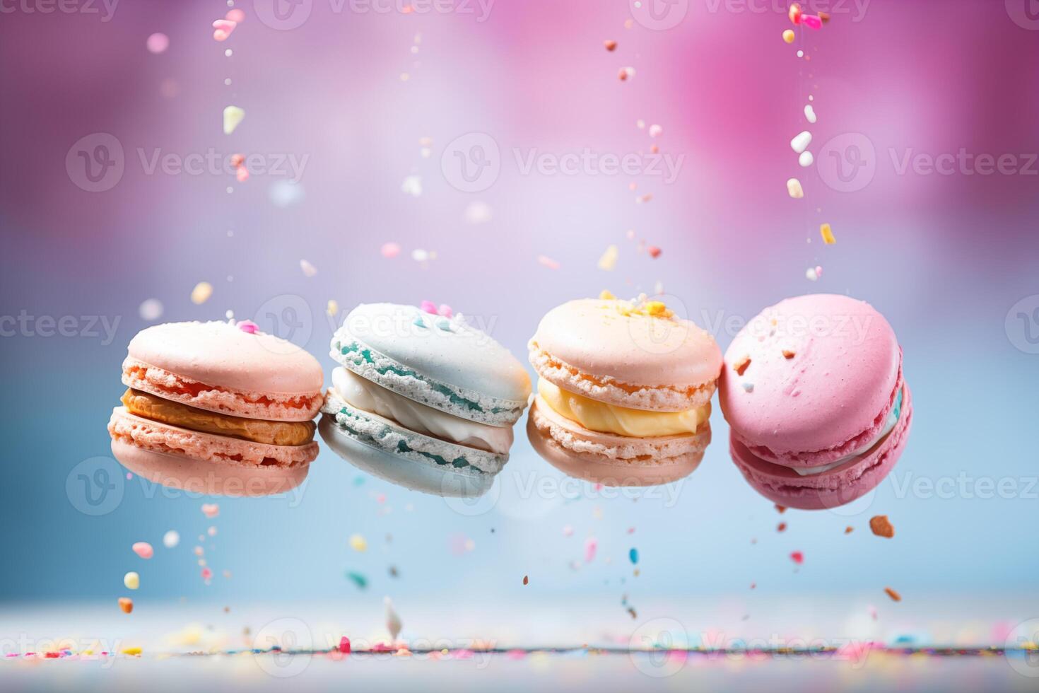 AI generated Colorful macarons flying in air. Sweet and colorful French macaroons falling or flying in motion. photo