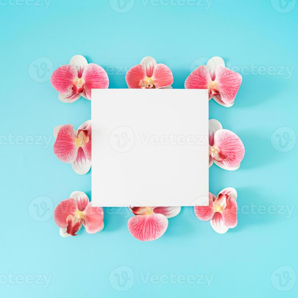 Trendy spring composition made with pink orchid flowers neatly arranged on blue background with paper card note copy space. Minimal layout. Nature summer concept. Flowers aesthetic. Flat lay. photo