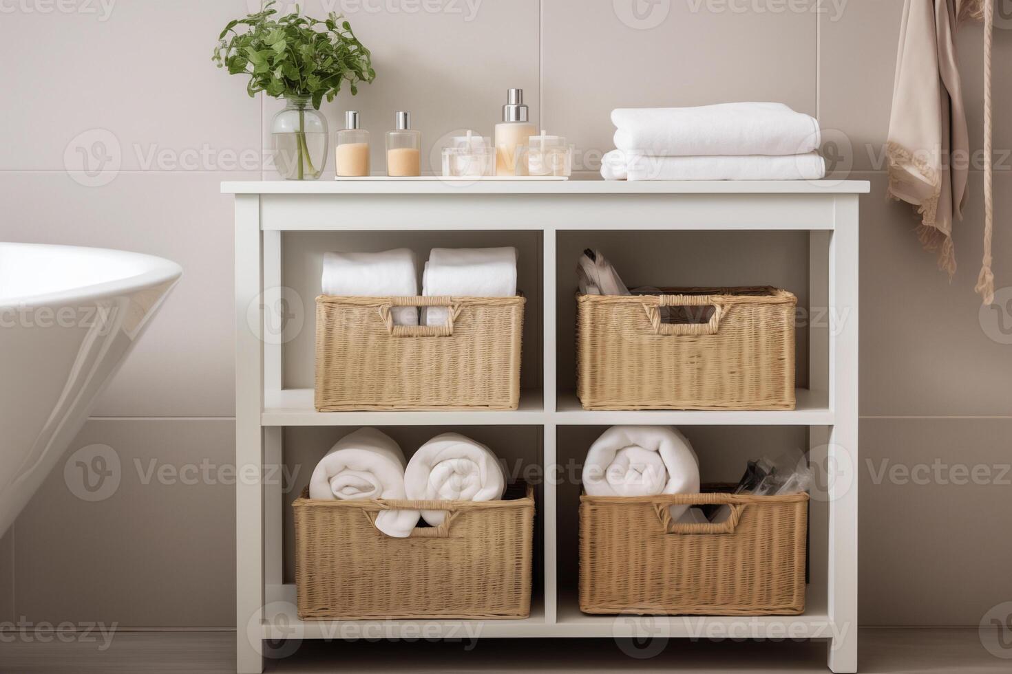 AI generated Corner of the bathroom. Shelving unit and baskets with clean towels and toiletries photo