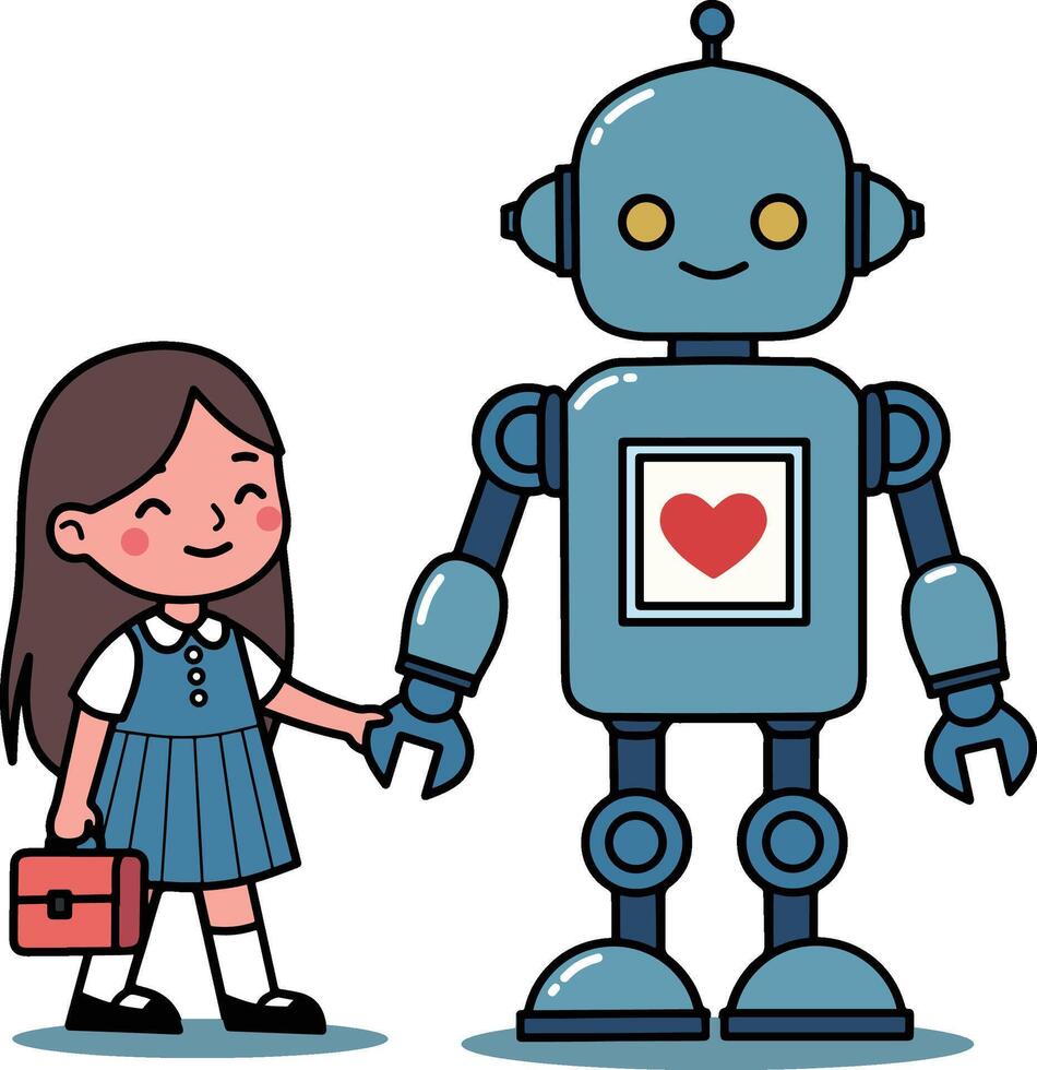 a robot with cute little girl vector