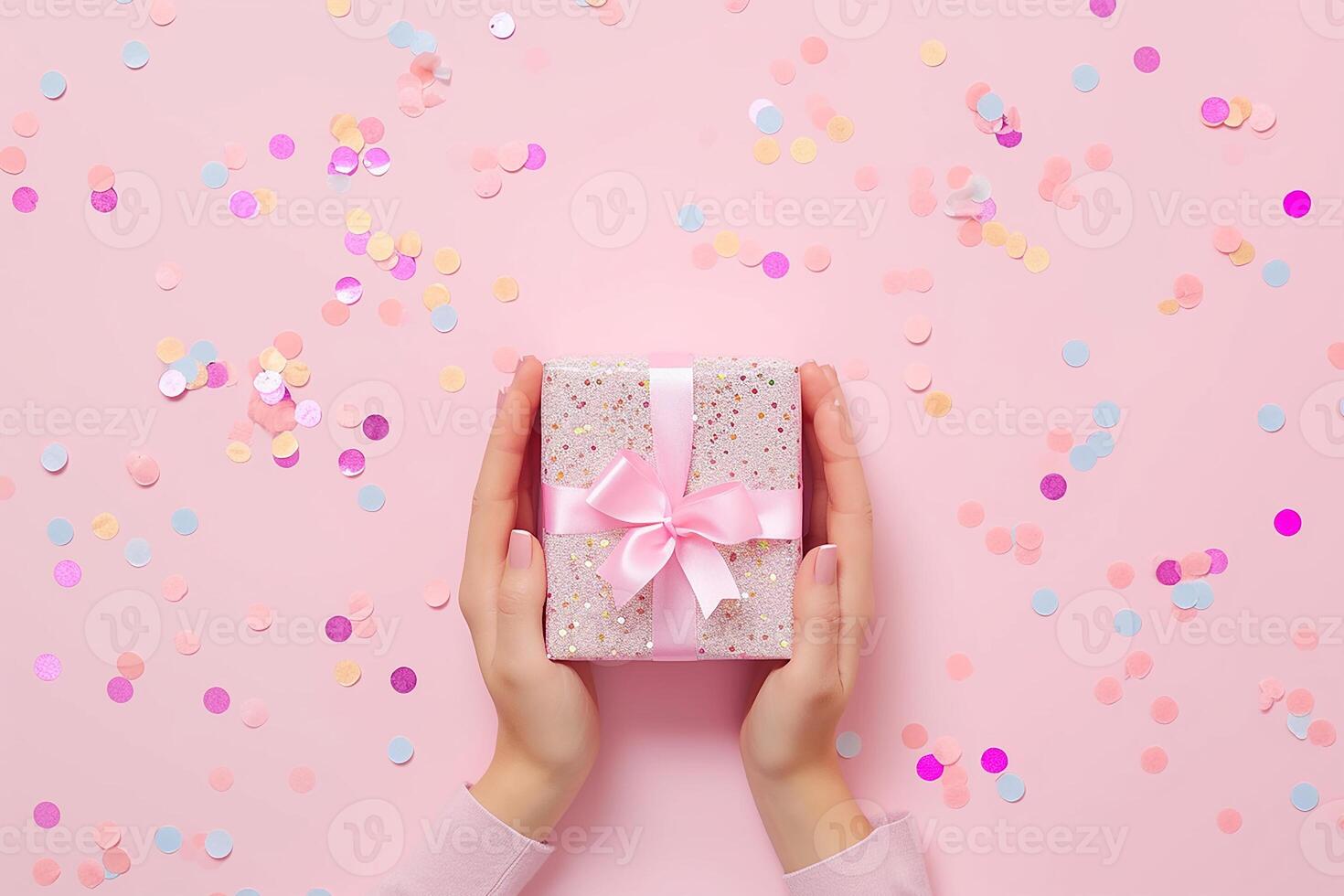 AI generated A woman hands hold a gift on a red and pink pastel table from above. It is a flat lay setup perfect for birthdays or weddings photo